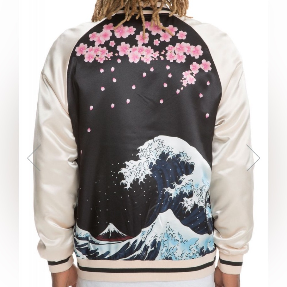 Standard Issue Bomber Jacket Sz S Black Souvenir Jacket Japanese Hokusai Wave